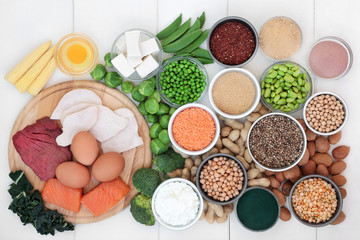 Food with high protein content with legumes, meat, fish, dairy, nuts, tofu, seeds, grains and supplement powders. Foods high in dietary fibre, antioxidants and vitamins. Top view on white wood.
