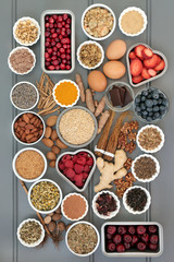 Health food selection with herbal medicine to relieve anxiety and stress that also helps with relaxation, depression and reduces chronic fatigue. High in omega 3, antioxidants, minerals and vitamins.