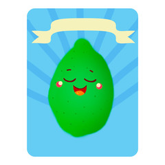 Kavai lime. Lime on a blue background with stripes without a name, lime without a table. Playing card. Welcome card. Illustration.  Funny edible character. 