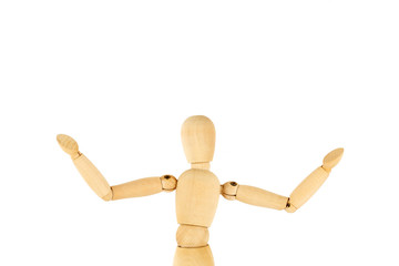 Wooden dummy hands wide open isolated on white