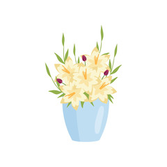 Beautiful yellow lilies flowers in blue wide vase on empty background
