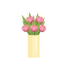 Beautiful pink tulips in oblong vase on empty background