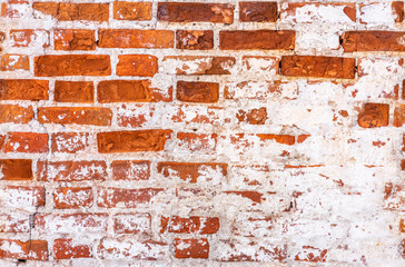 Background of old vintage brick wall with peeling plaster, texture