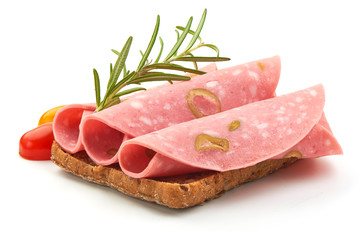 Salami slices with olives, smoked sausage with rosemary, close-up, isolated on white background