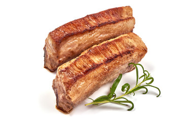 Grilled pork ribs, roasted meat with rosemary, close-up, isolated on white background