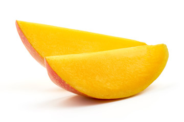 Juicy ripe Mango fruit slices, close-up, isolated on white background