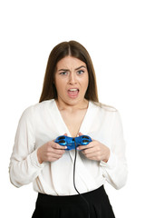 Portrait of the girl is playing video games isolated on white background