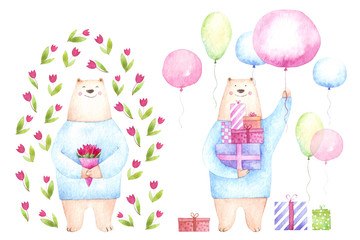 Hand drawn watercolor cute bear with bouquet of red tulips flowers and gift