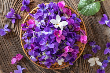 Obraz na płótnie Canvas Wood violet flowers in a bowl, top view