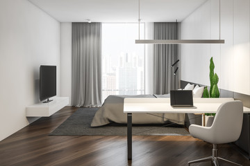 Moder design white and grey bedroom interior.