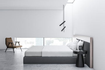 Moder design white and grey bedroom interior.