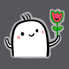 Cute marshmallow holding flower hand drawn illustration sticker