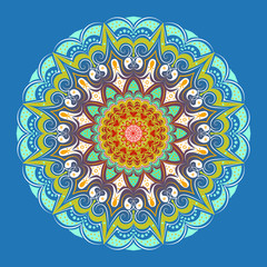 Lacy round pattern - mandala,  blue background, lines and elements of orange and pale green shades. Sharp rays, small flowers. Harmony and tranquility, a national color.