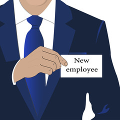 man in stylish blue suit holding a badge of a new employee.