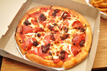 Take Out Pepperoni and Sausage Pizza Pie in a Box 