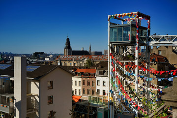 BRUSSELS, BELGIUM - MAY 6, 2018: View of the panoramic lift Ascenseur des Marolles. It connects the Poelaert square with