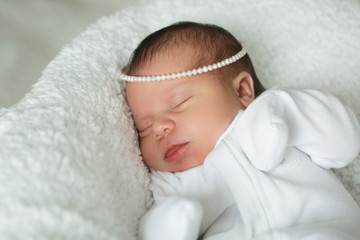 Newborn Cute Baby Girl, Infant, Sleeping on the white bed, New family concept, The most Beautiful Baby Princesse