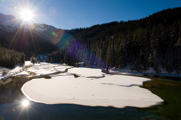 Residual snow cover on a mountain lake.