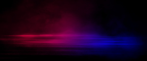 Wet asphalt, reflection of neon lights, a searchlight, smoke.  Smoke, smog. Dark background scene of empty street, night view, night city. Neon red and blue light.