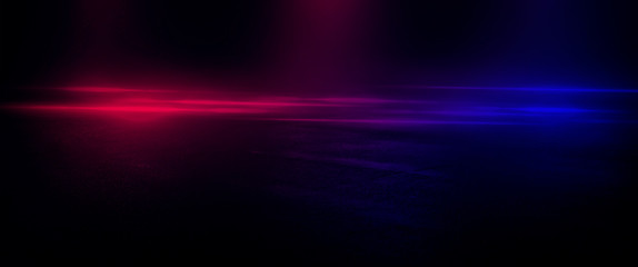 Wet asphalt, reflection of neon lights, a searchlight, smoke.  Smoke, smog. Dark background scene of empty street, night view, night city. Neon red and blue light.