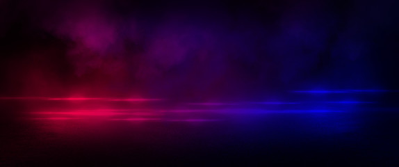 Wet asphalt, reflection of neon lights, a searchlight, smoke.  Smoke, smog. Dark background scene...