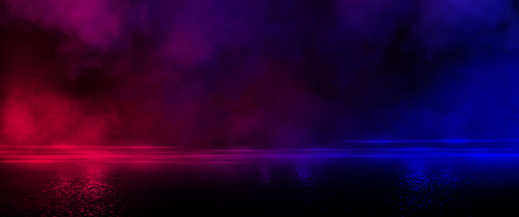 Wet asphalt, reflection of neon lights, a searchlight, smoke.  Smoke, smog. Dark background scene of empty street, night view, night city. Neon red and blue light.