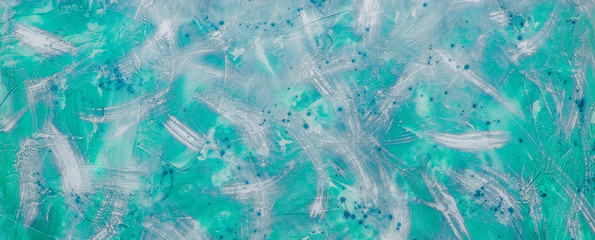 green background, texture of plaster, paint strokes and splashes, long banner