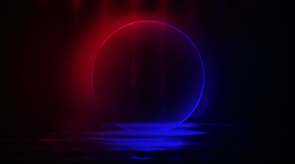 Empty Dark Futuristic Sci Fi Big Hall Room With Lights And Circle Shaped Neon Light. Dark neon background, empty stage, abstract dark background. Neon circle, reflection