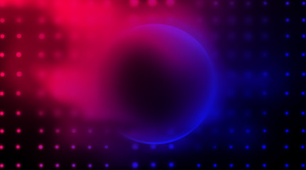 Empty Dark Futuristic Sci Fi Big Hall Room With Lights And Circle Shaped Neon Light. Dark neon background, empty stage, abstract dark background. Neon circle, reflection