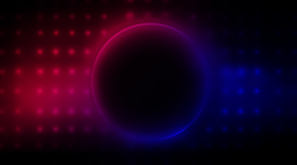 Empty Dark Futuristic Sci Fi Big Hall Room With Lights And Circle Shaped Neon Light. Dark neon background, empty stage, abstract dark background. Neon circle, reflection
