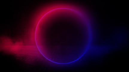 Empty Dark Futuristic Sci Fi Big Hall Room With Lights And Circle Shaped Neon Light. Dark neon background, empty stage, abstract dark background. Neon circle, reflection
