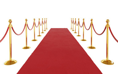 Red ceremonial carpet, golden barrier isolated on white background. Clipping path included. 