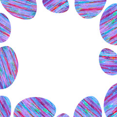 Square frame with Easter eggs with a pattern of purple, pink and blue stripes.