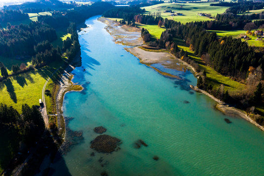 Germany, Bavaria, East Allgaeu, Fuessen, Prem, Aerial view of Lech reservoir