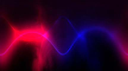 Dark background neon red and blue light. Smooth lines, reflection.
