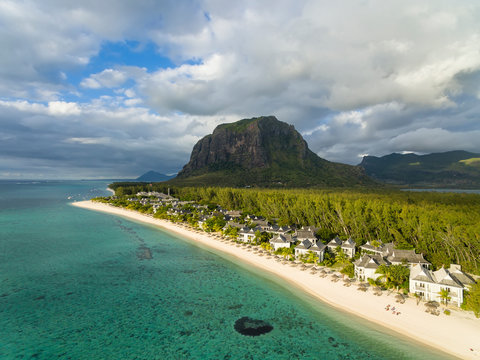 Mauritius, Southwest Coast, view to Indian Ocean, Le Morne with Le Morne Brabant, resort with beach