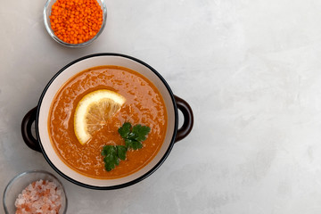 Turkish lentil cream soup. Image with copy space, top view.