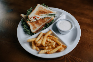 Club Sandwich with Cheese, Garnished with French Fries