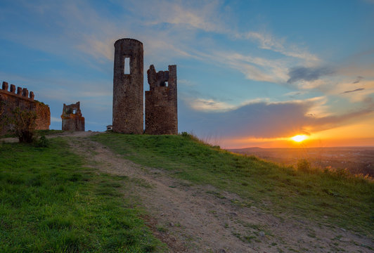 Ruins of Montemor-o-Novo castle in Portugal at Sunset
