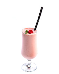 Fruit and berry pink smoothie in a tall glass, decorated with raspberry and mint on an isolated white background