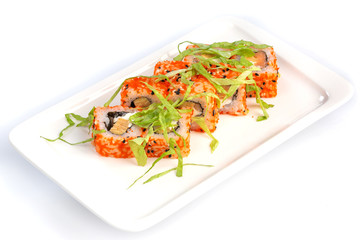 Set sushi rolls on a rectangular white plate on an isolated white background