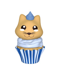 Blau-weißer Cupcake mit Kätzchen im Kawaii Stil. 3d Render