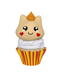 rot-gelber Cupcake mit Kätzchen im Kawaii Stil. 3d Render