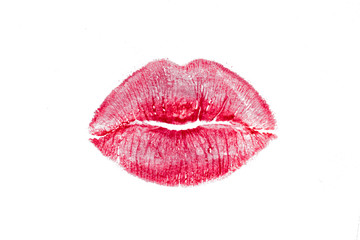 Red lipstick mark beautiful big lips kiss isolated on a white background