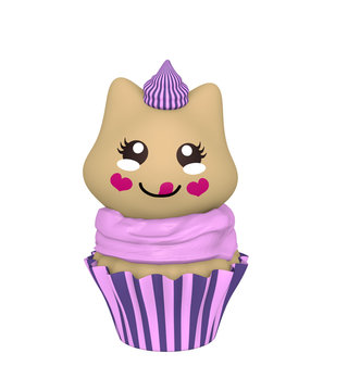lila Cupcake mit Kätzchen im Kawaii Stil. 3d Render
