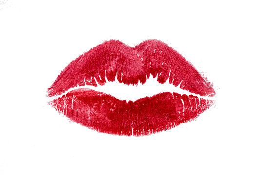 Red lipstick mark beautiful big lips kiss isolated on a white background