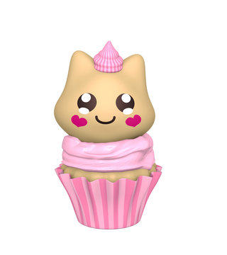 pinker Cupcake mit Kätzchen im Kawaii Stil. 3d Render