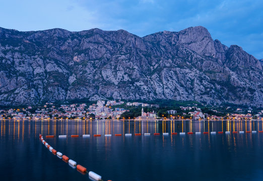 Montenegro, Bay of Kotor, Dobrota at blue hour