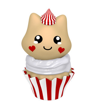 rot-weißer Cupcake mit Kätzchen im Kawaii Stil. 3d Render