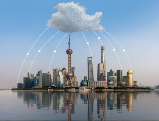 Cloud computing and internet data concept using panoramic view of Shanghai skyline